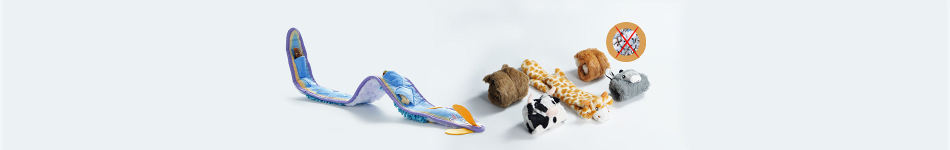 A variety of No Stuffing Dog Toys designed for mess-free play, including tug and fetch options.