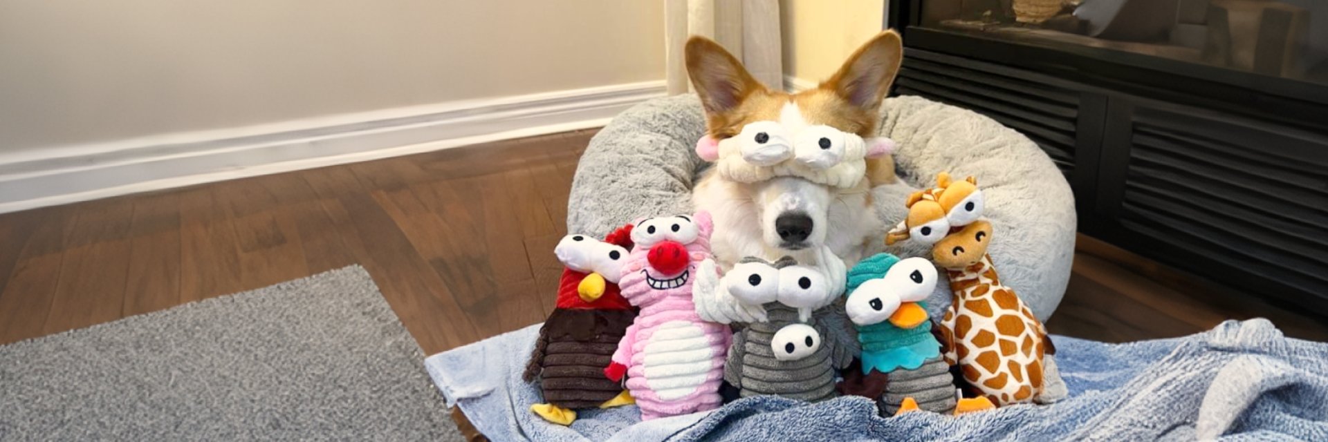 Holiday Toys for dogs: a corgi surrounded by colorful plush toys celebrating the festive season.