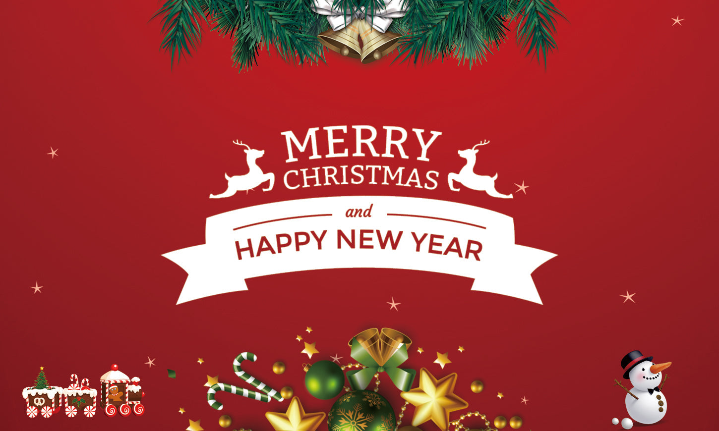 Colorful Christmas card featuring reindeer, snowman, and festive decorations saying Merry Christmas and Happy New Year.