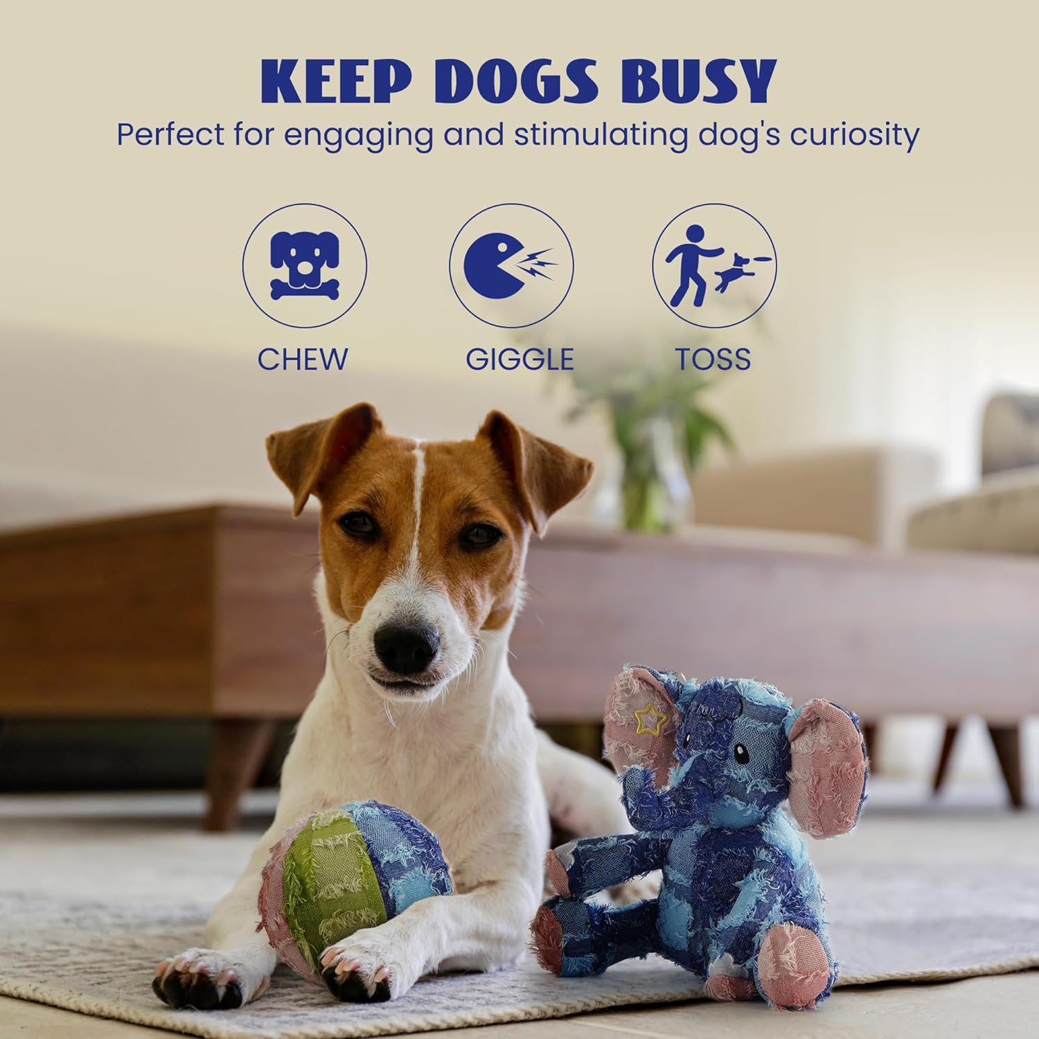 Nocciola 2 Pack Shabby Elephant & Ball Stuffed Dog Toy