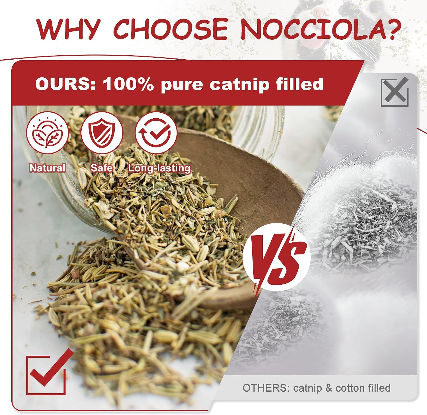 Nocciola 3-Pack Organic Catnip Kicker Chew Toys for Indoor Cats, Red