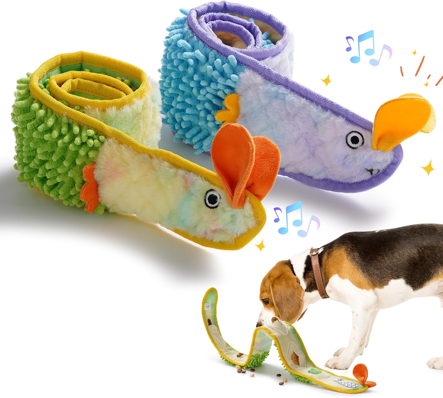 Nocciola Eel Stuffing-Free Squeaky & Crinkle Dog Toy for Tug of War, Blue & Yellow