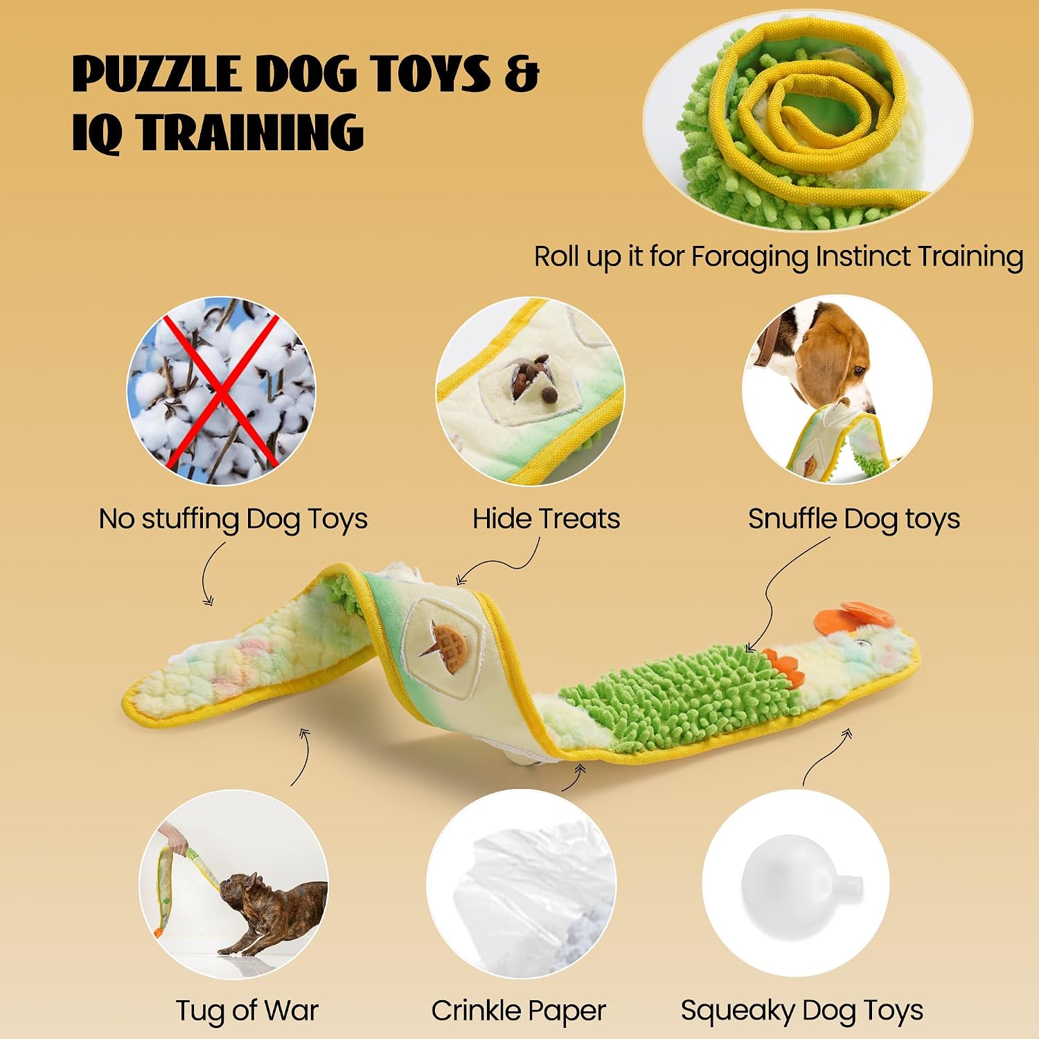 Nocciola Eel Stuffing-Free Squeaky & Crinkle Dog Toy for Tug of War, Blue & Yellow