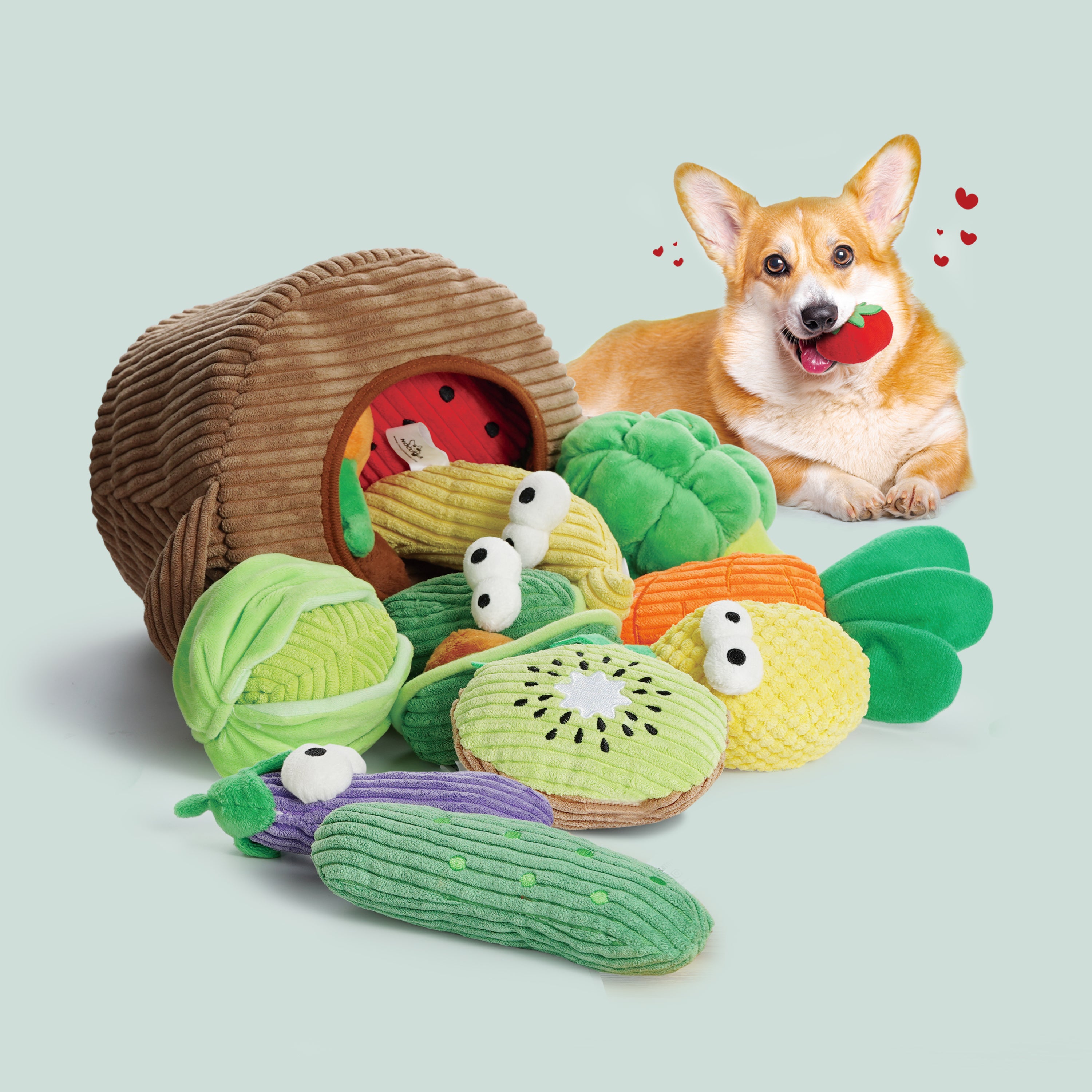 15 Pack Fruit Vegetable Crinkle Dog Squeaky Toys with a Basket