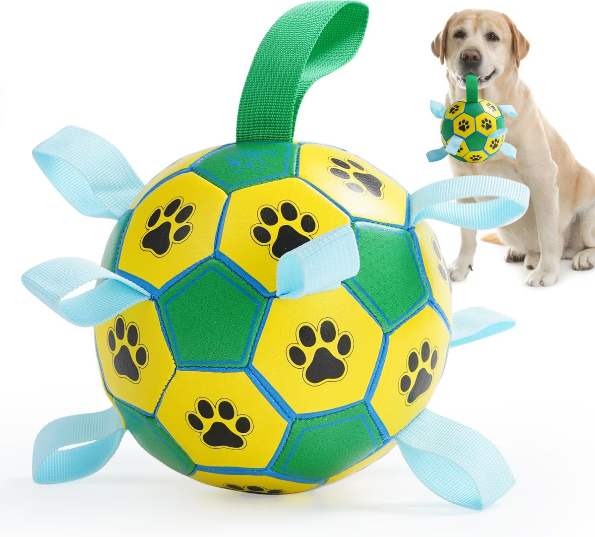 Nocciola Soccer Ball with Straps Interactive Dog Toy, Yellow & Green, 6-in