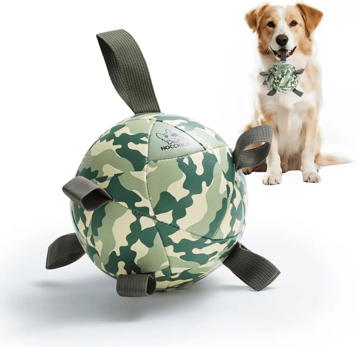 Nocciola Camo Soccer Ball Dog Toy, 6" – Squeaky Tug & Fetch with Chew-Resistant Strap, Medium Dogs