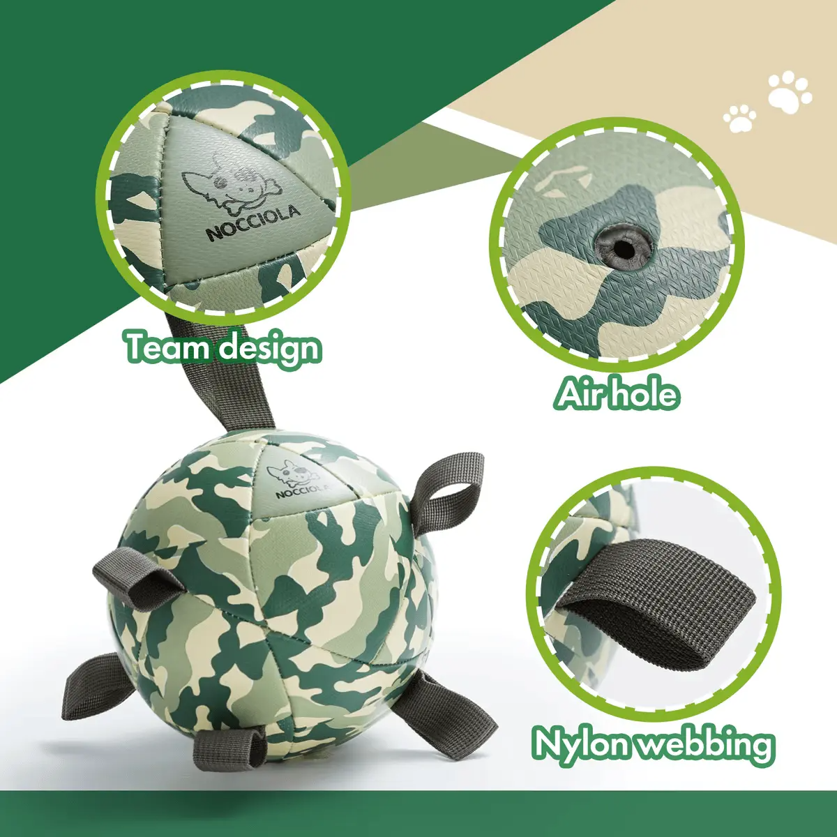 Nocciola Camo Soccer Ball Dog Toy, 6" – Squeaky Tug & Fetch with Chew-Resistant Strap, Medium Dogs