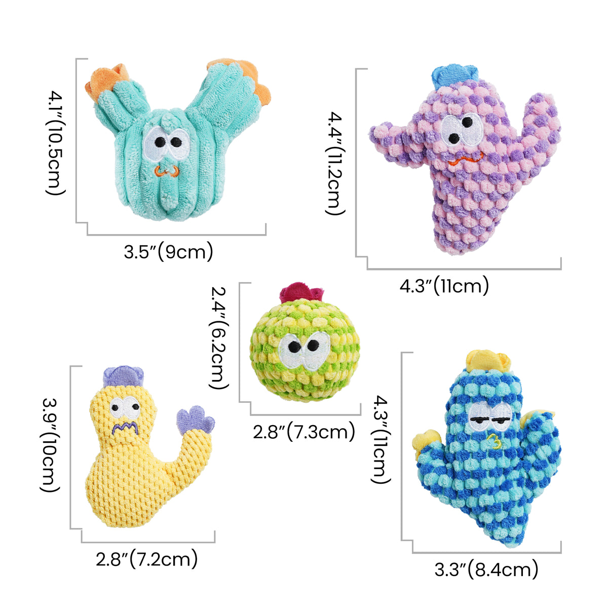 5 Pack Cactus Catnip Toys featuring colorful cactus-shaped designs, perfect for indoor cat playtime.