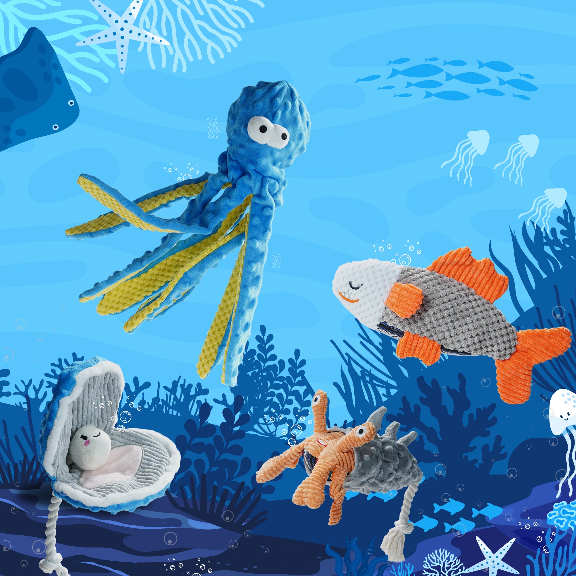 Nocciola 4 PCS Ocean Theme Crinkle Squeaky Dog Toys