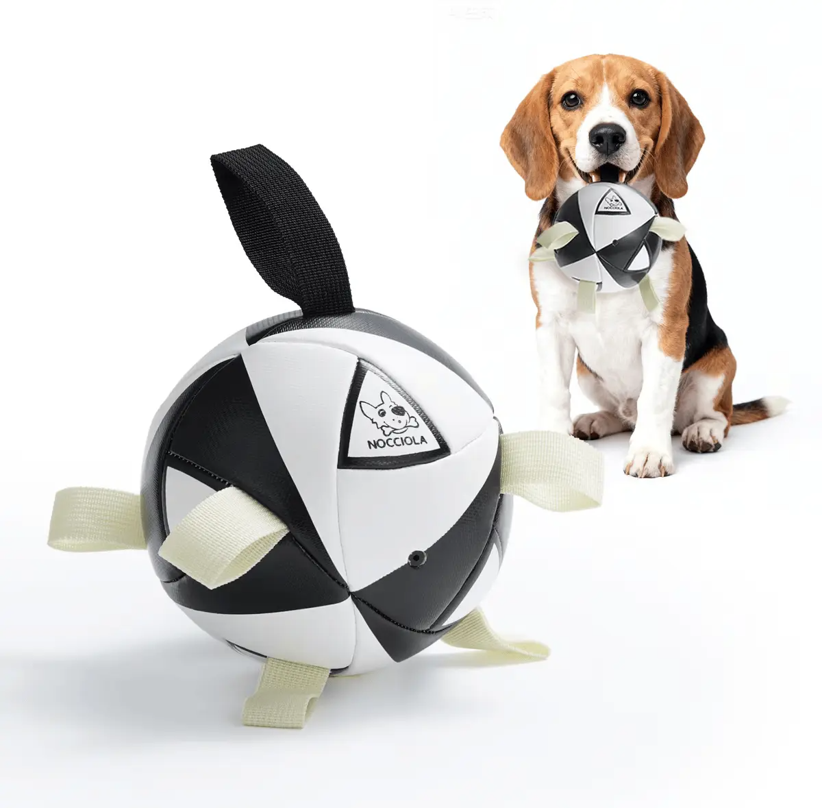 Nocciola Soccer Ball Dog Toy, 6" – Squeaky Tug & Fetch Ball with Chew-Resistant Strap, Medium Dogs