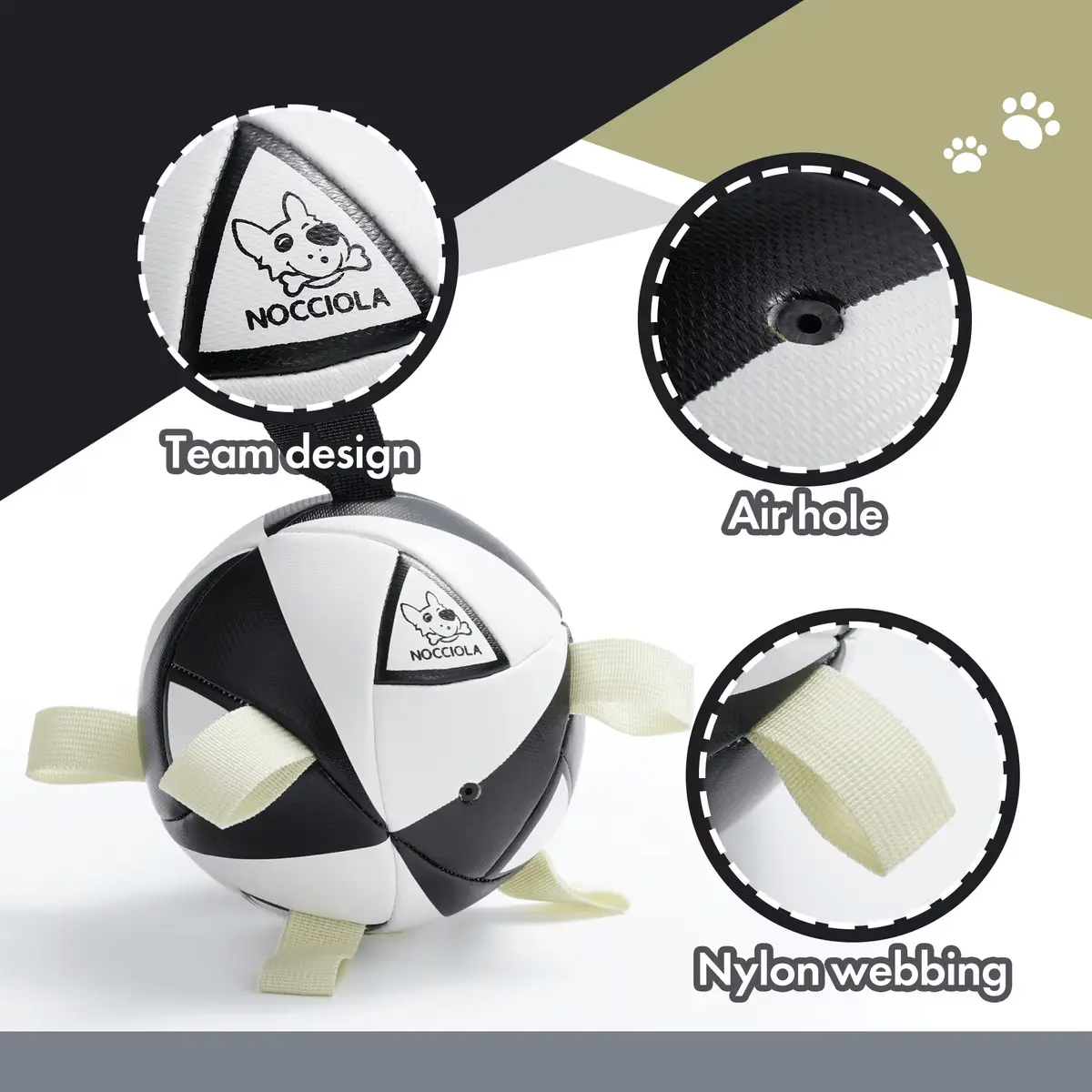 Nocciola Soccer Ball Dog Toy, 6" – Squeaky Tug & Fetch Ball with Chew-Resistant Strap, Medium Dogs