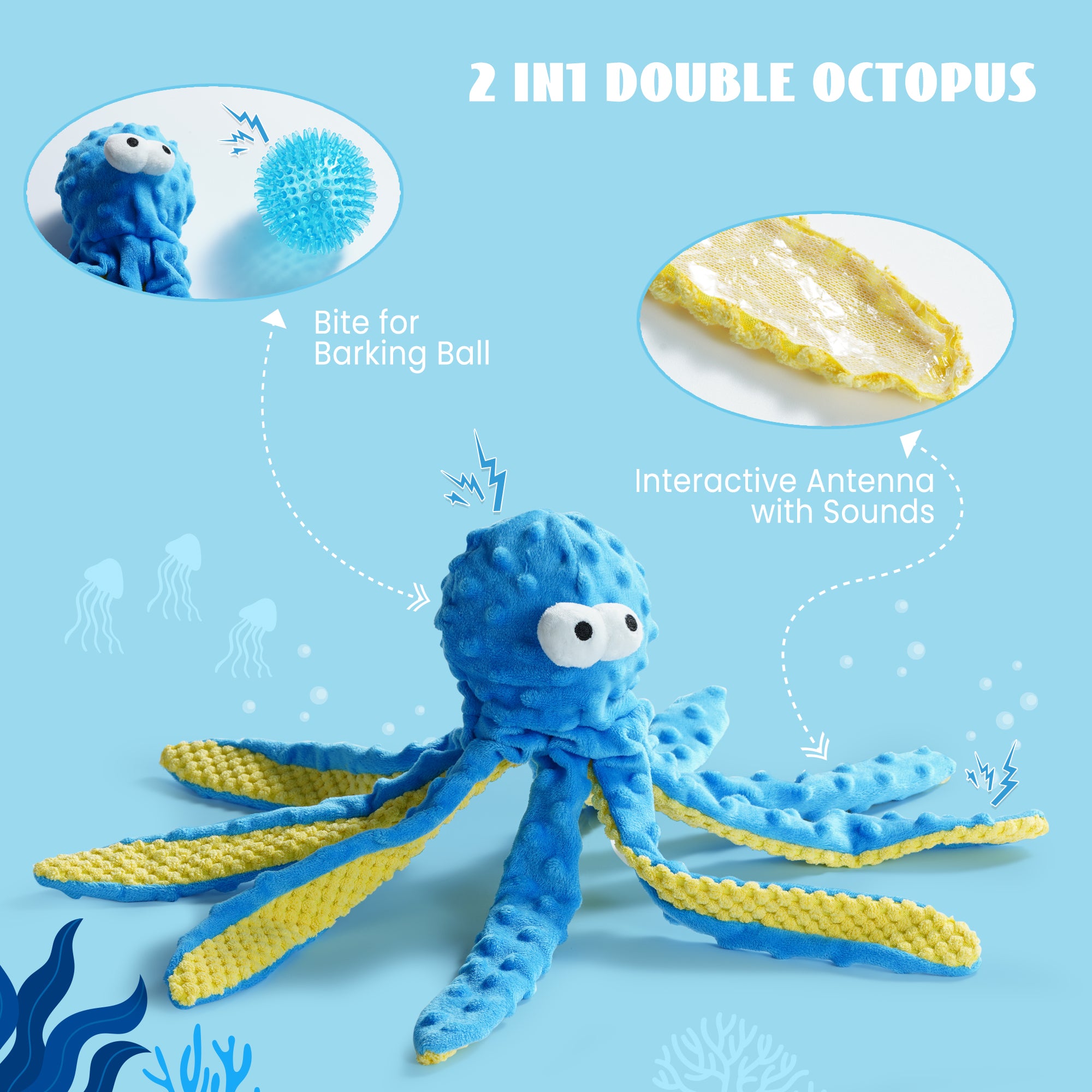 Nocciola 4 PCS Ocean Theme Crinkle Squeaky Dog Toys - Detail View | Nocciola Pet Toys