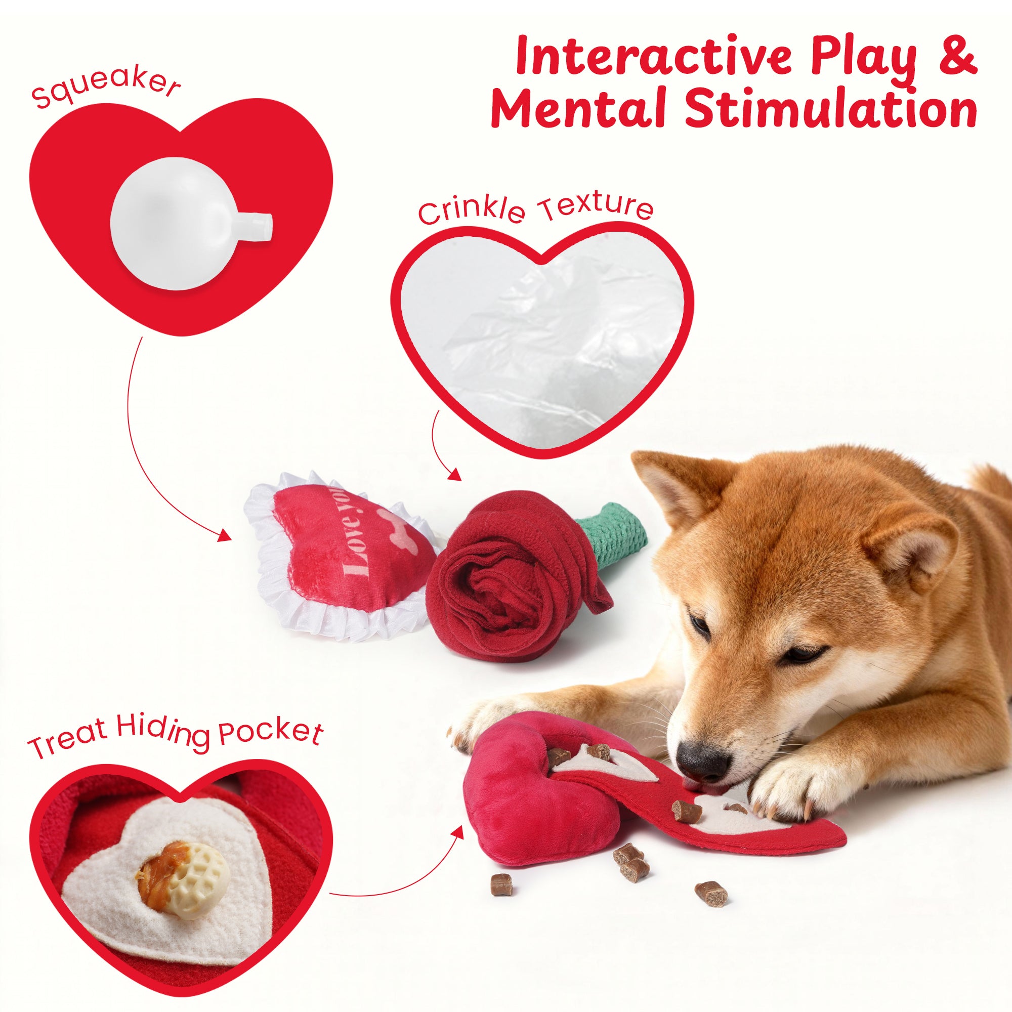 Nocciola 4 PCS Dog Valentines Toys showcase with squeaker, crinkle texture, and treat hiding pocket for interactive play.