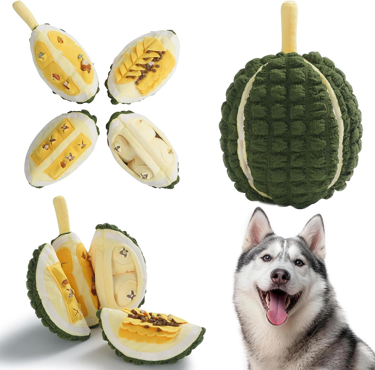 Nocciola Durian Fruit Fun Shape Cotton Plush Dog Toy - Pull-Apart Play & Treat Puzzle with 4 Squeaky Segments, Crinkle Paper, Hidden Treat Pocket, Enrichment Hide&Seek for All Breeds
