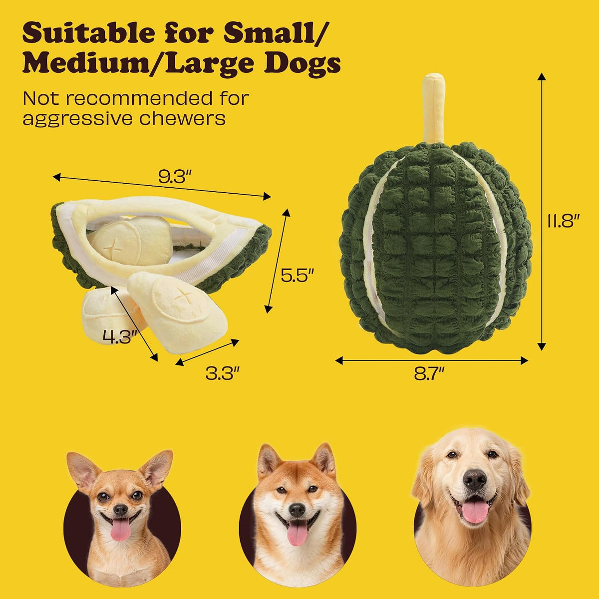 Nocciola Durian Fruit Fun Shape Cotton Plush Dog Toy - Pull-Apart Play & Treat Puzzle with 4 Squeaky Segments, Crinkle Paper, Hidden Treat Pocket, Enrichment Hide&Seek for All Breeds