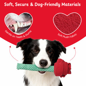 Nocciola 4 PCS Dog Valentines Toys showing soft and secure materials for dogs, featuring plush fabric and gentleness on teeth.
