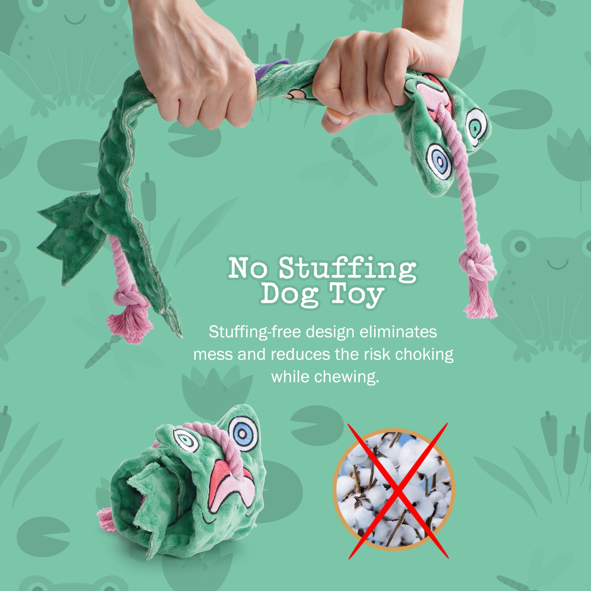 Fuzzwoof Stuffless Frog Squeaky Tug of War Rope Toy