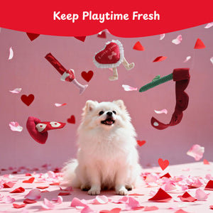 Nocciola 4 PCS Dog Valentines Toys featuring fun squeaky toys in heart shapes with a happy dog for Valentine’s Day.