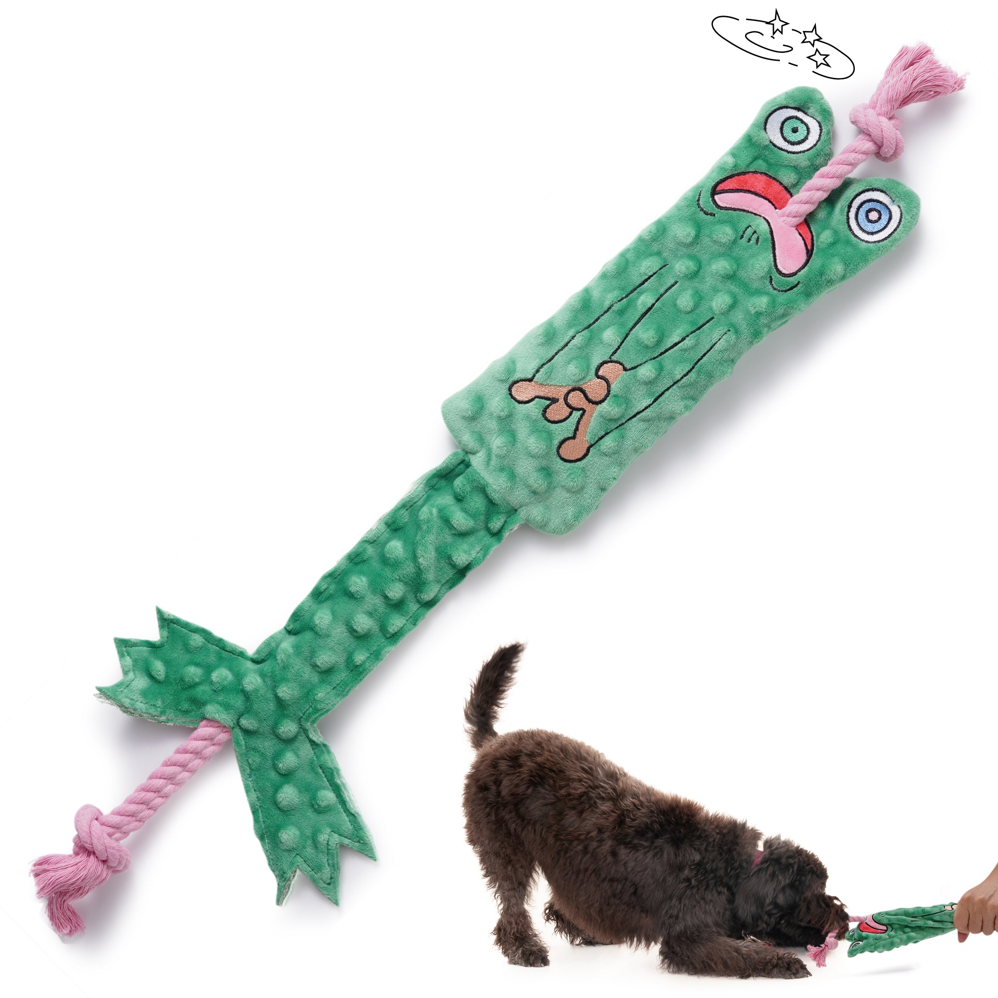 Fuzzwoof Stuffless Frog Squeaky Tug of War Rope Toy