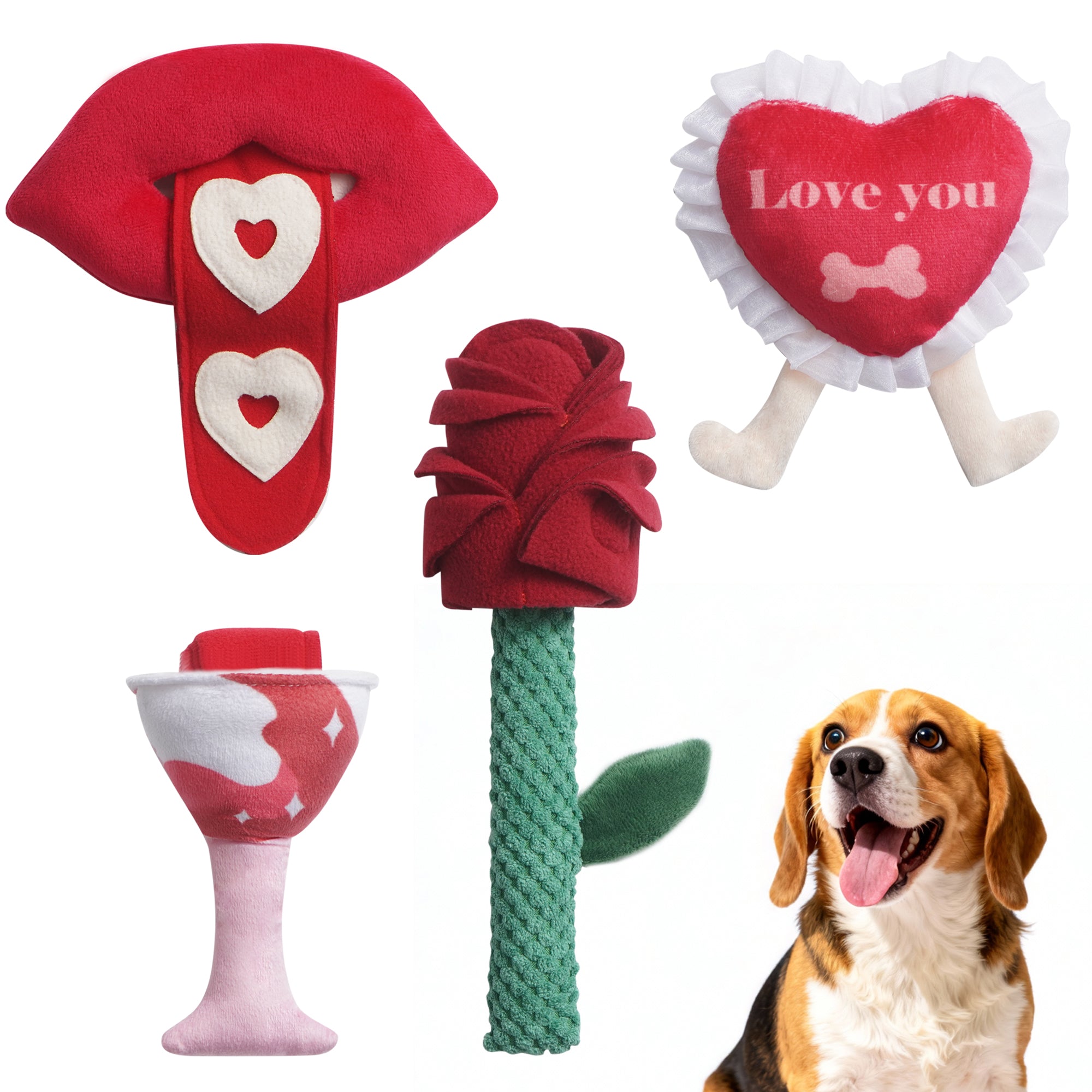 Nocciola 4 PCS Dog Valentines Toys featuring heart, lips, rose, and wine glass shapes for playful bonding.