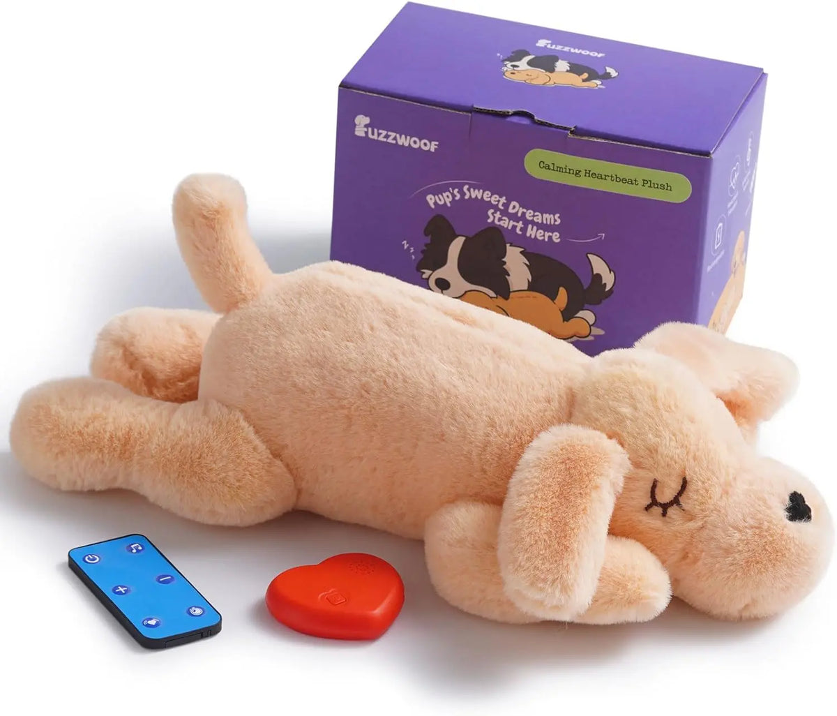Fuzzwoof Calming Plush Dog Toy with Rechargeable Heartbeat & 8 Soothing Sounds