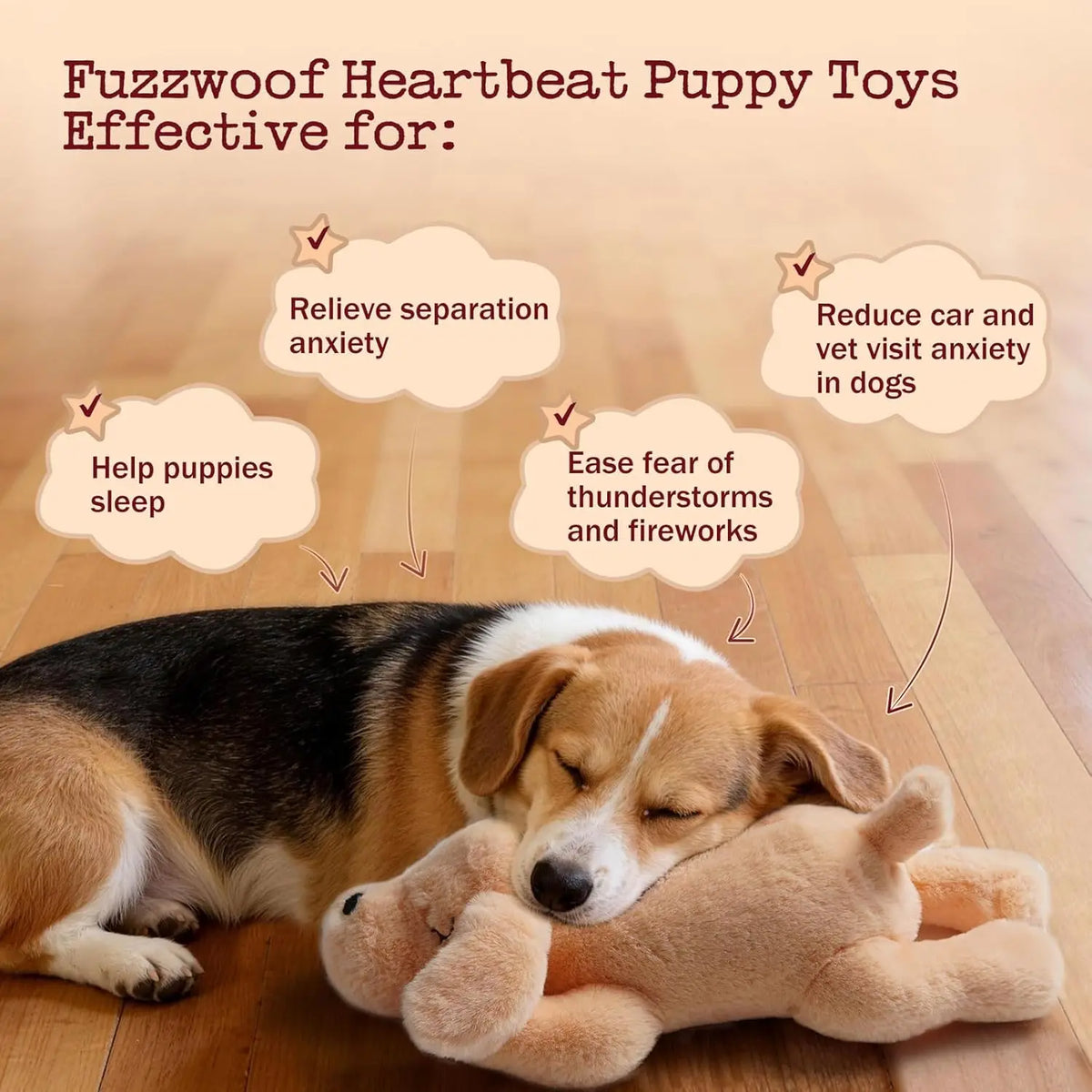 Fuzzwoof Calming Plush Dog Toy with Rechargeable Heartbeat & 8 Soothing Sounds