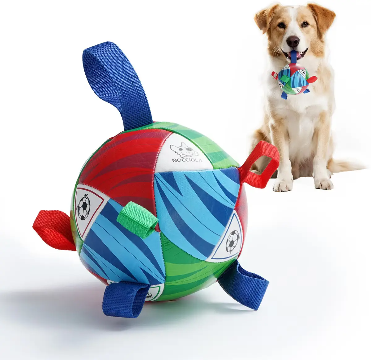 Nocciola Soccer Ball Dog Toy, 6" – Multicolor Squeaky Tug & Fetch Ball with Chew-Resistant Strap, Medium Dogs