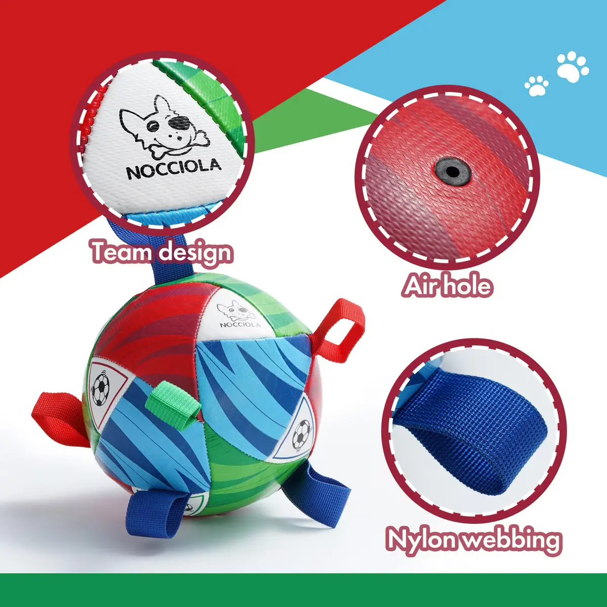 Nocciola Soccer Ball Dog Toy, 6" – Multicolor Squeaky Tug & Fetch Ball with Chew-Resistant Strap, Medium Dogs