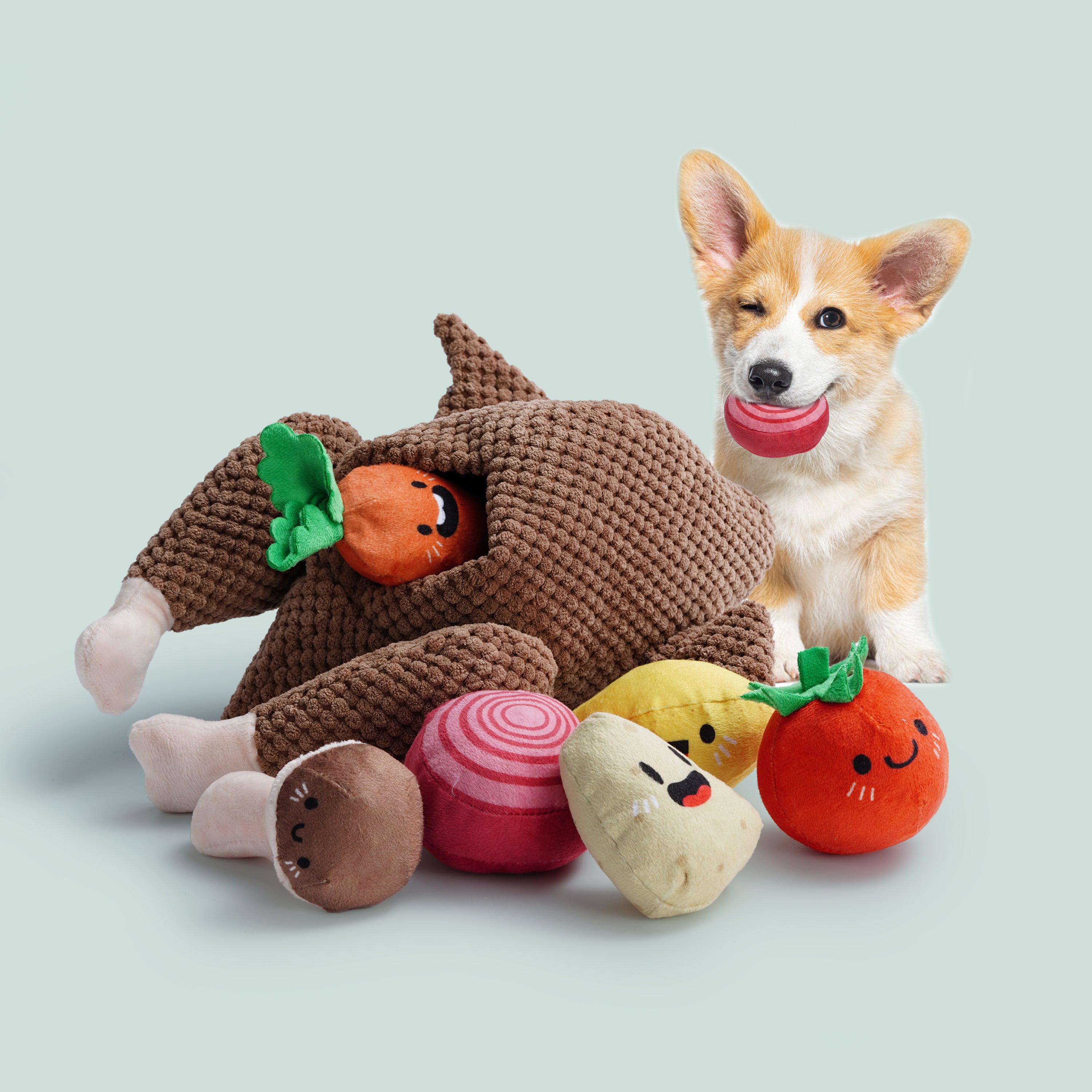 Nocciola 7-teiliges Hundespielzeug mit Quietscheffekt in Form eines Truthahns für Welpen, kleine und mittelgroße Hunde