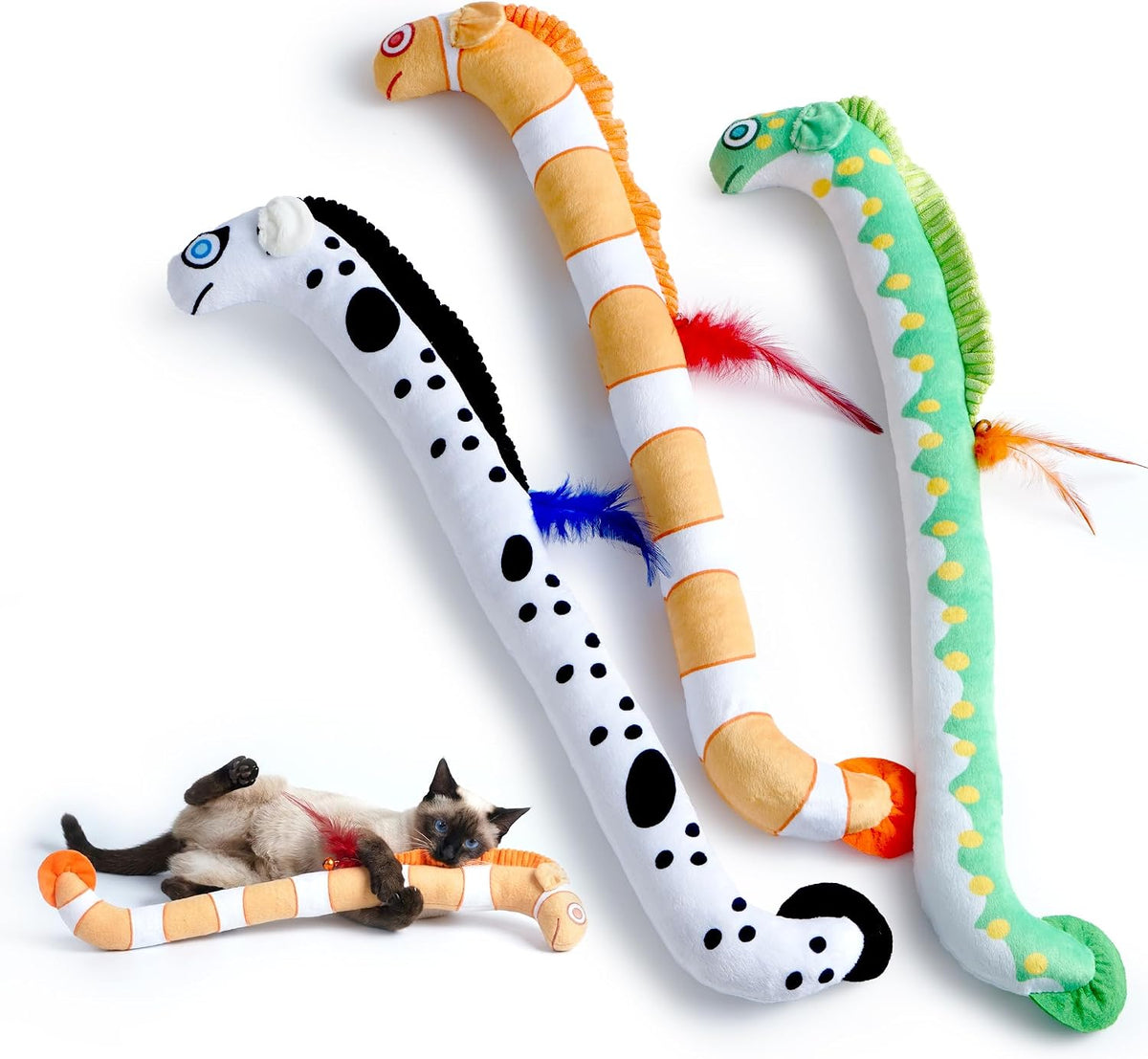 Cat Kicker Toys 3Pcs, Catnip Toys for Indoor Cats, 21in Extra Long Cat Toys for Big Cat & Kitten, Soft and Durable, EEL Design with Feather & Bells - Cute Cat Toys for Exercise Indoor
