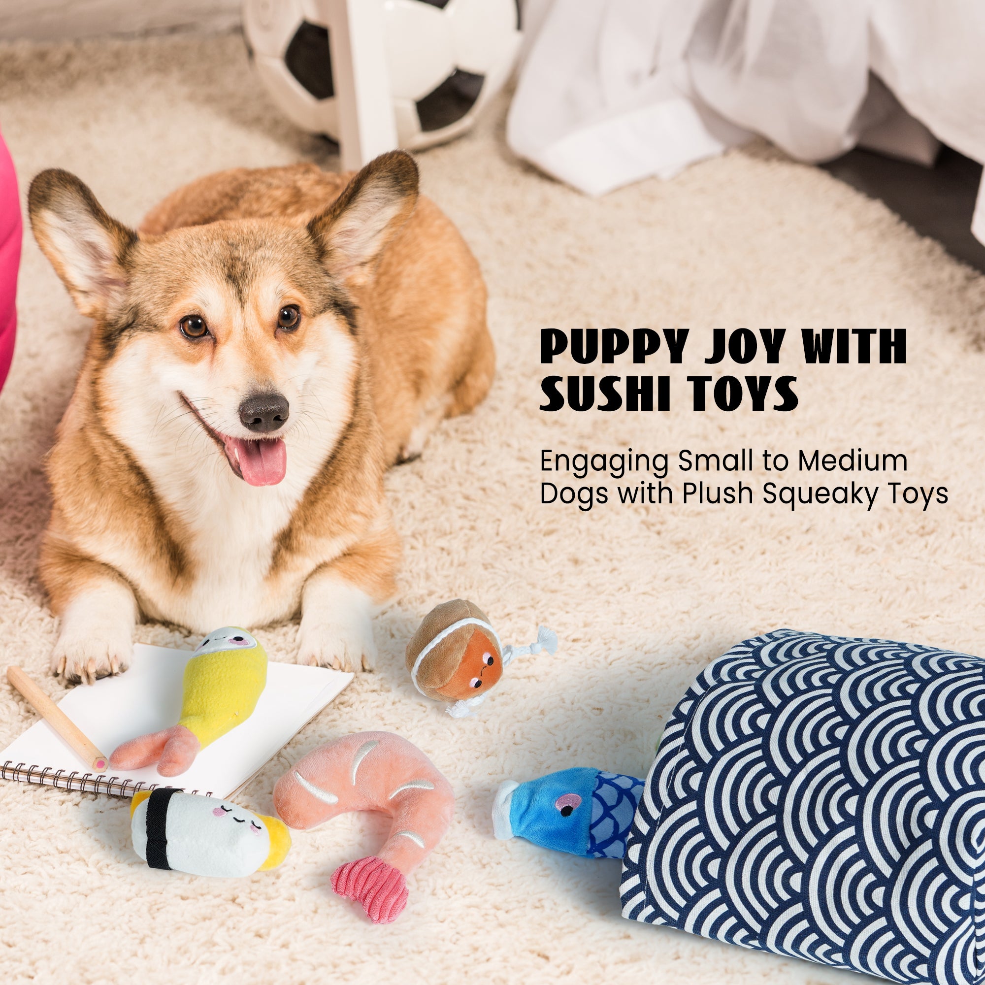 Nocciola 10-teiliges Sushi-Spielzeug mit Tasche, quietschendes Plüsch-Hundespielzeug-Set