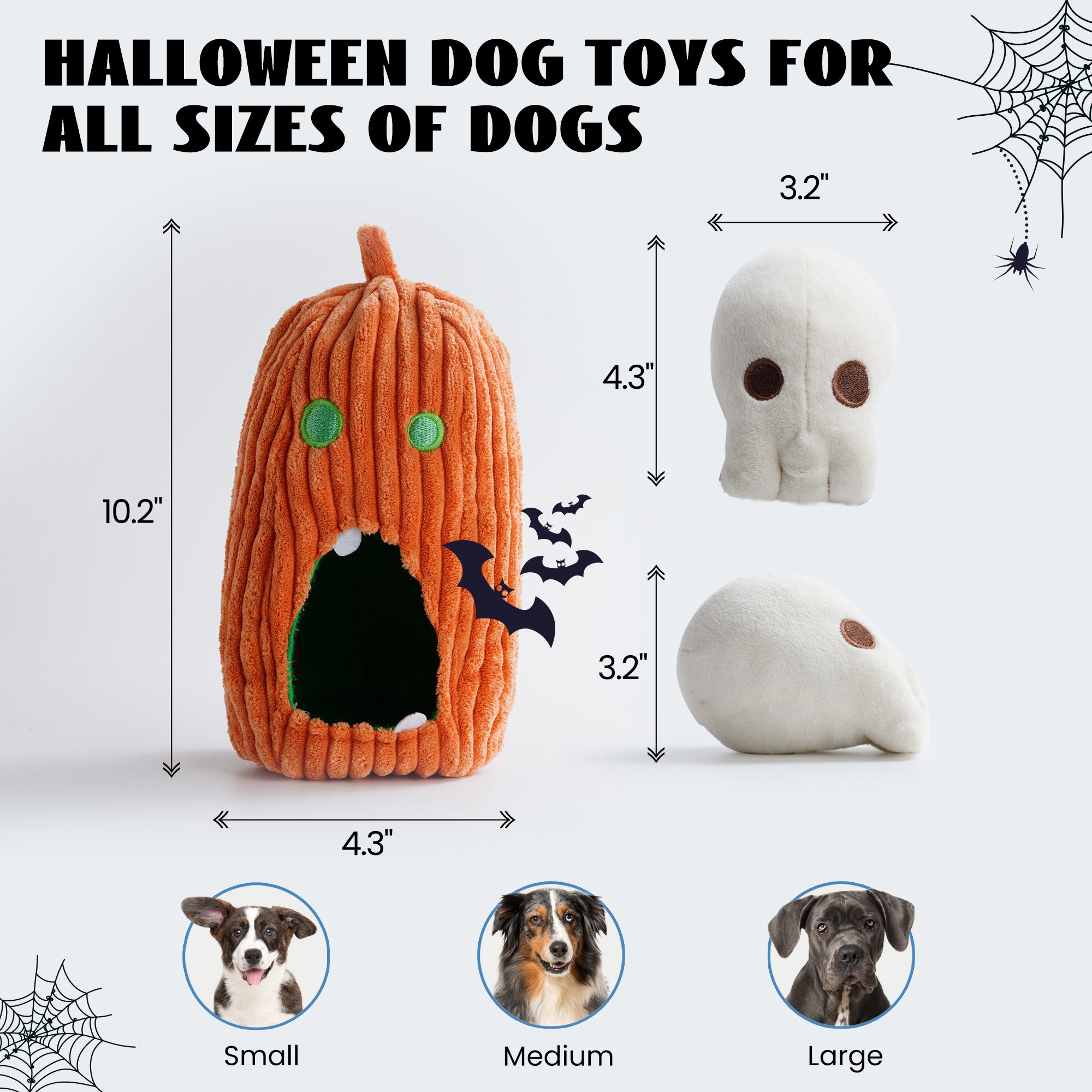 Nocciola 4-teiliges Halloween-Hundespielzeug, Kürbis und Totenköpfe, gruseliges Hundespielzeug 