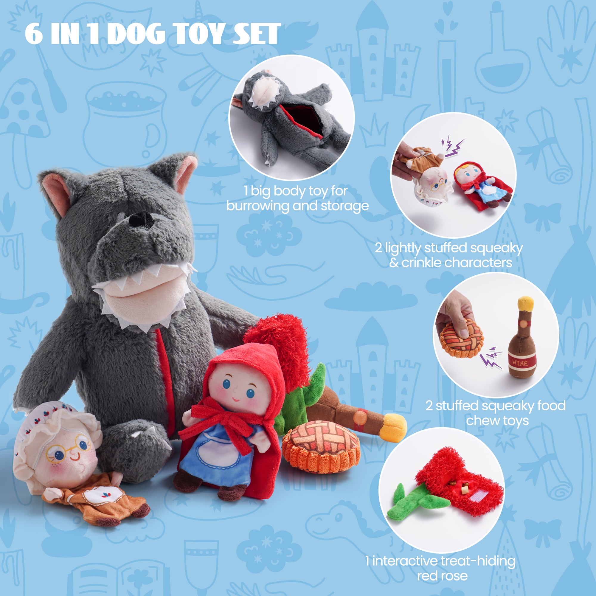 Nocciola 6 in 1 Fairy Tale Squeaky Plush Dog Toys, 6 count Nocciola 6 in 1 Fairy Tale Squeaky Plush Dog Toys, 6 count