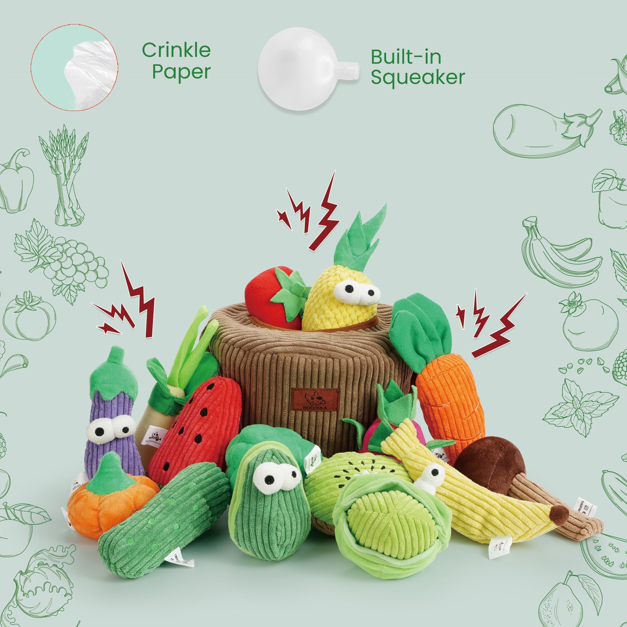 15 Pack Grocery Bag Fruit & Vegetable Crinkle Dog Squeaky Toys with a Basket