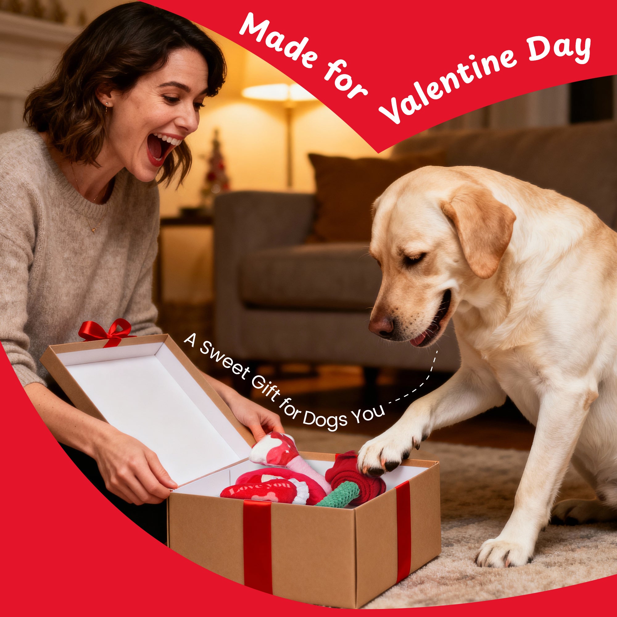Nocciola 4 PCS Dog Valentines Toys in a gift box for Valentine's Day with a happy dog and owner.