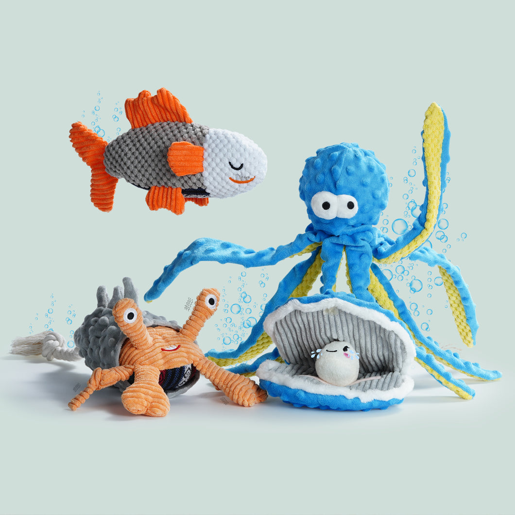 Nocciola 4 PCS Crinkle Squeaky Dog Toys | Octopus, Shark, Hermit Crab & Sea Shell
