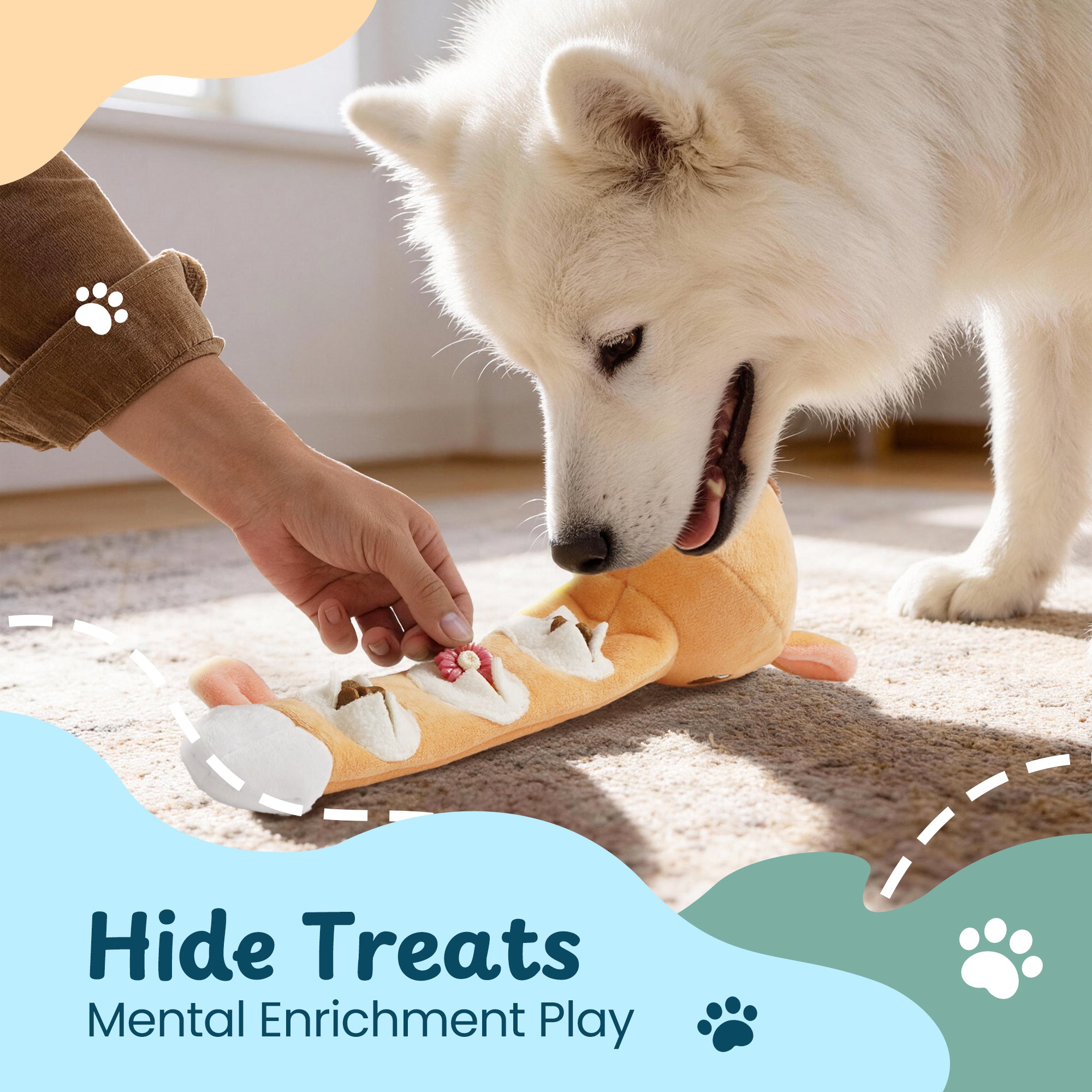 dog playing with treat hiding squeaky toy