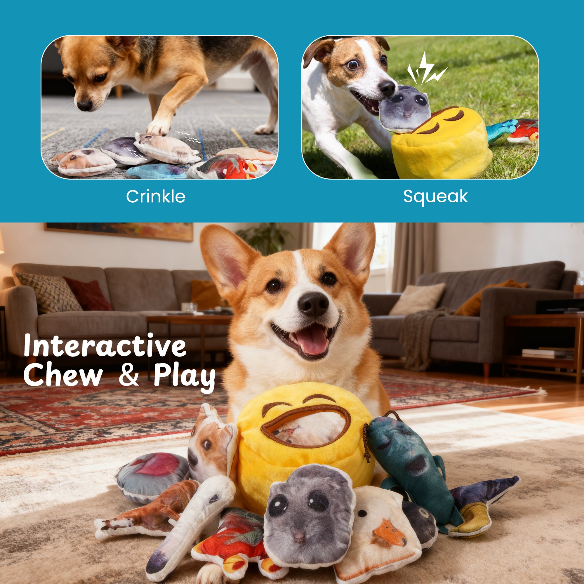 12 Pack Animal Memes Plush Squeaky Dog Toys