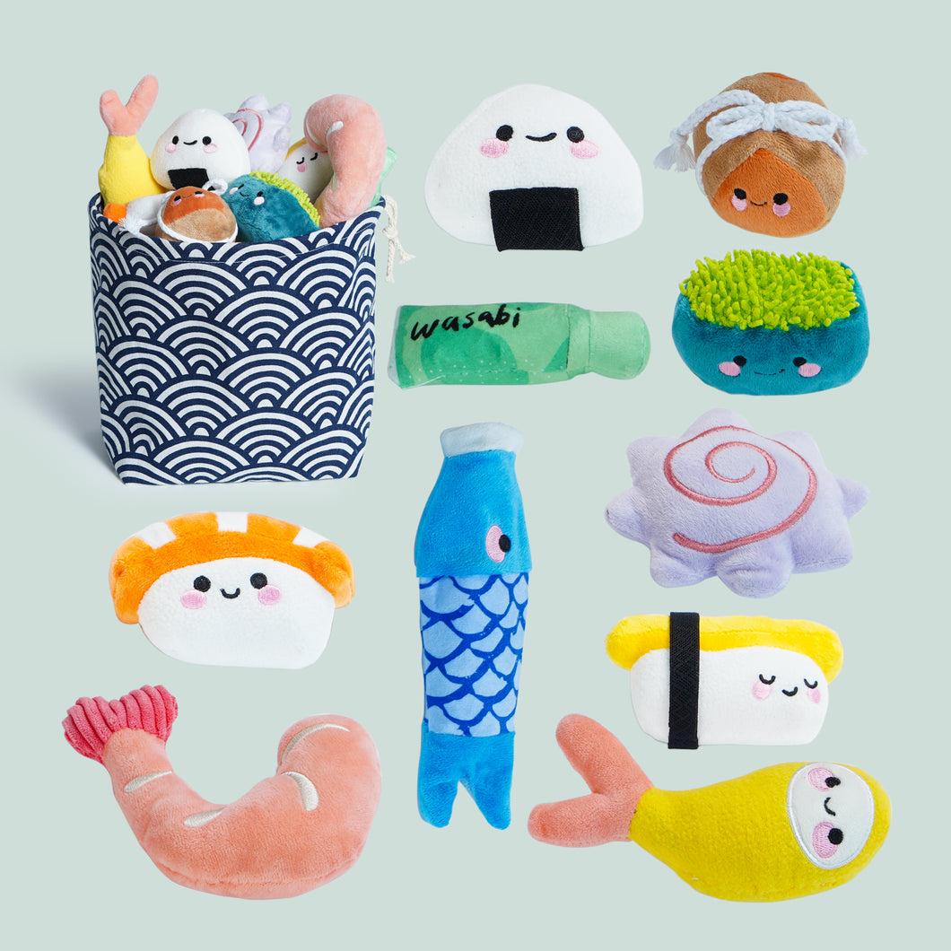 Nocciola 10 PCS Sushi Toys with a Bag, Plush Squeaky Dog Toy Set