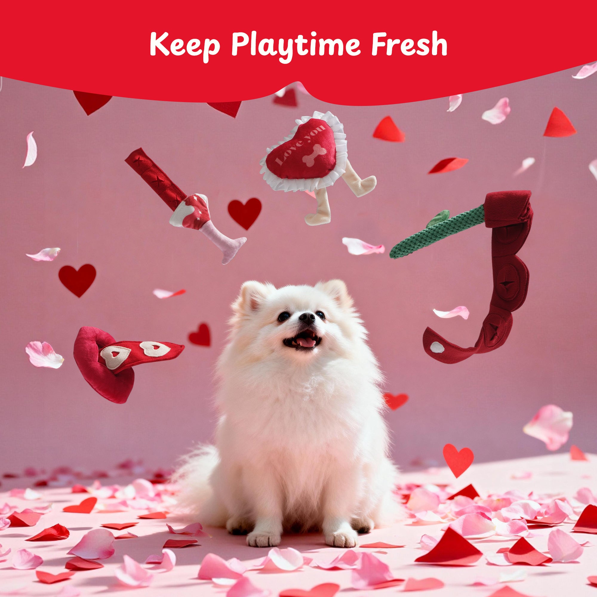 Nocciola 4 PCS Dog Valentines Toys featuring fun squeaky toys in heart shapes with a happy dog for Valentine’s Day.