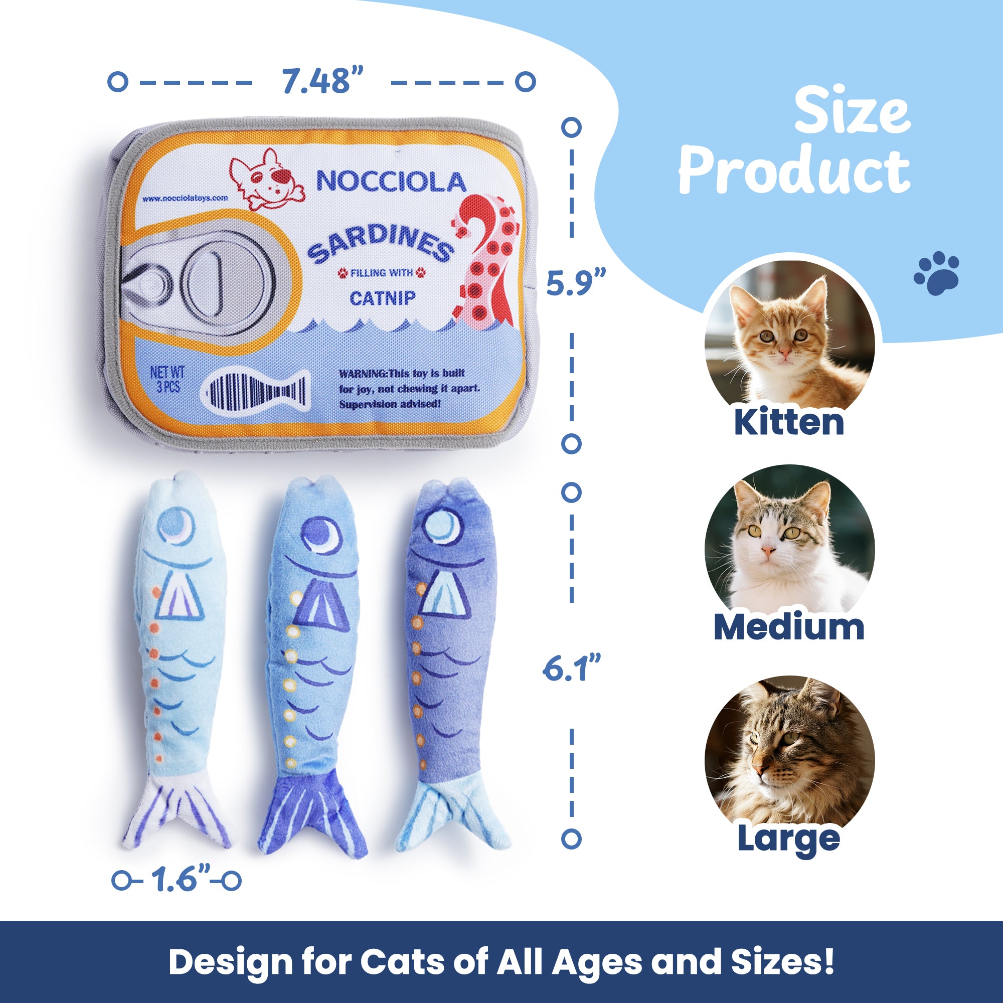 Sardine Can with 3 Fish Toys - Close Up | Nocciola Pet Toys