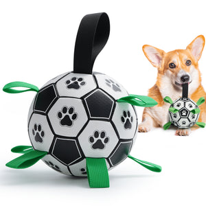 Nocciola Soccer Ball with Straps Dog Toy, Black/White - In Use | Nocciola Pet Toys
