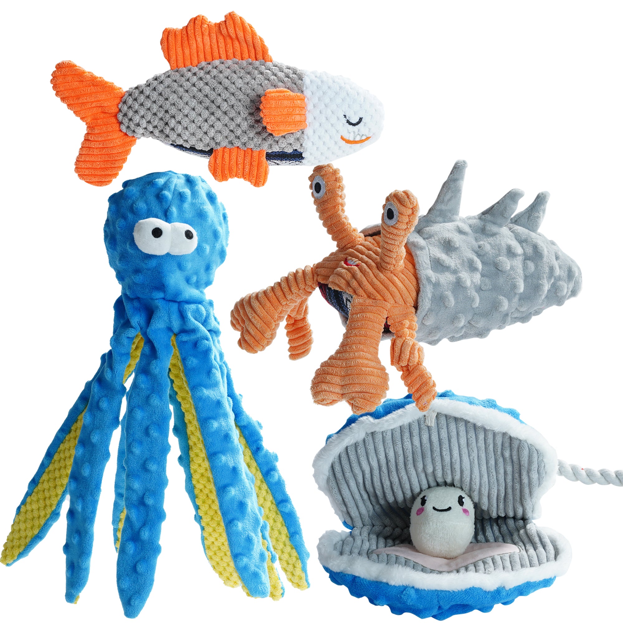 Nocciola 4-teiliges Knister-Quietschspielzeug für Hunde | Oktopus, Hai, Einsiedlerkrebs und Muschel