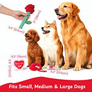 Nocciola 4 PCS Dog Valentines Toys featuring rose, heart, and wine glass shapes for small, medium, and large dogs.